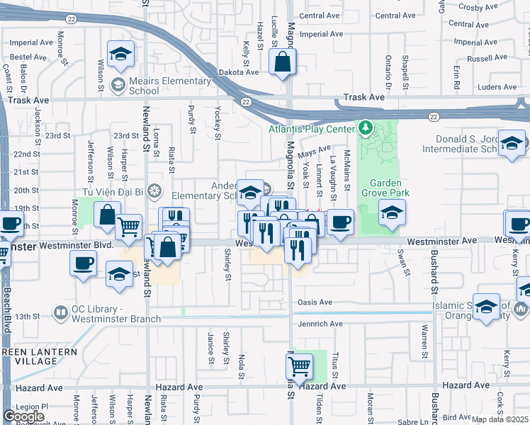 map of restaurants, bars, coffee shops, grocery stores, and more near 8902 Hewitt Place in Garden Grove