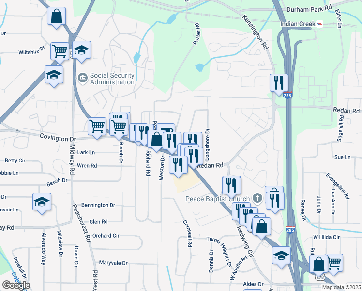 map of restaurants, bars, coffee shops, grocery stores, and more near 1150 Canal Street in Decatur