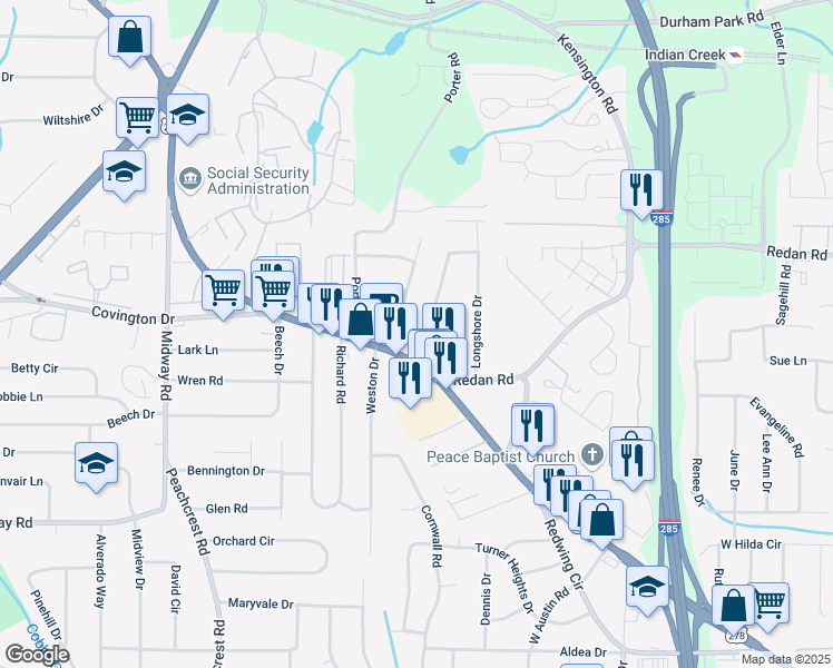map of restaurants, bars, coffee shops, grocery stores, and more near 1145 Canal Street in Decatur