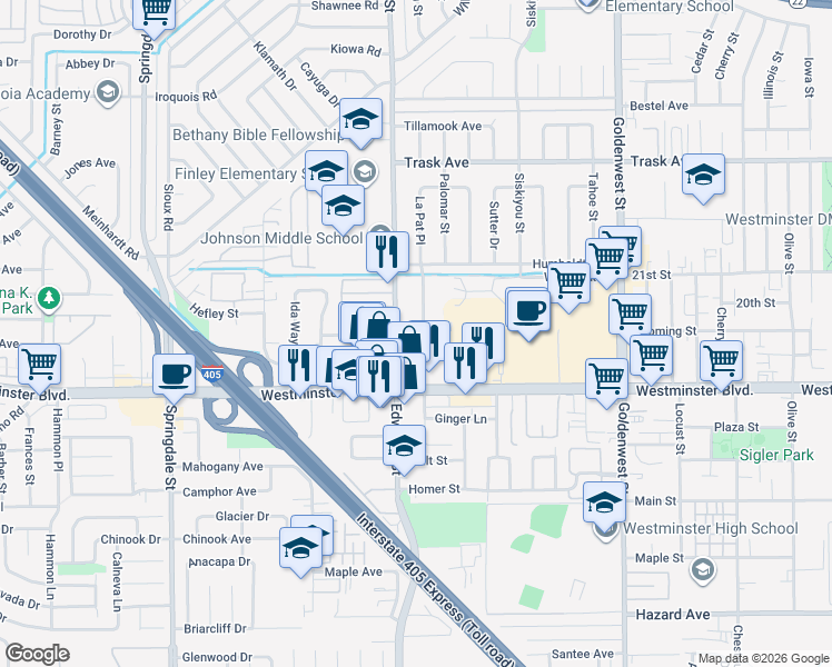 map of restaurants, bars, coffee shops, grocery stores, and more near 13871 La Pat Place in Westminster
