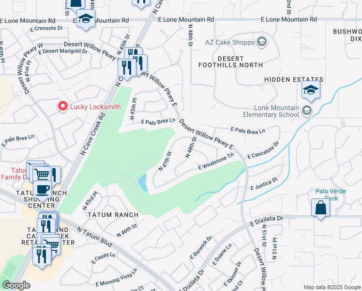map of restaurants, bars, coffee shops, grocery stores, and more near 4706 East Cascalote Drive in Cave Creek