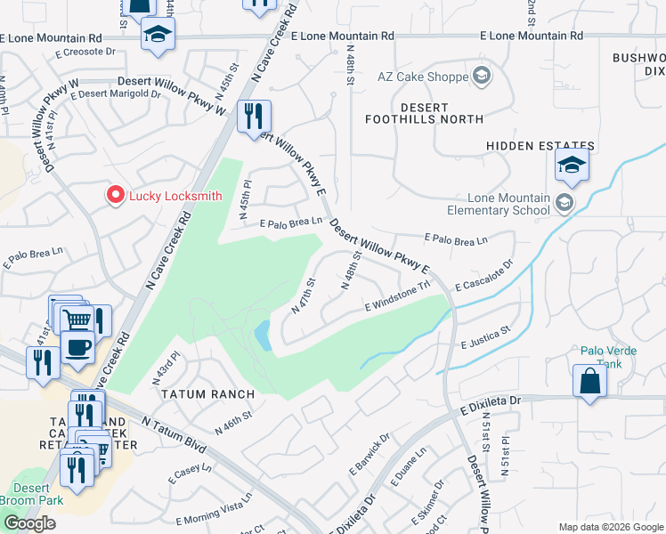 map of restaurants, bars, coffee shops, grocery stores, and more near 4706 East Cascalote Drive in Cave Creek