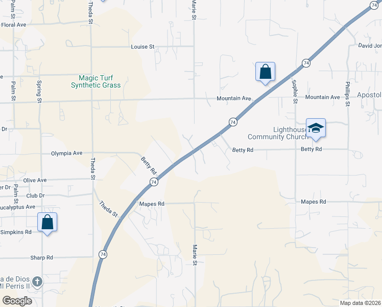 map of restaurants, bars, coffee shops, grocery stores, and more near 24755 California 74 in Perris