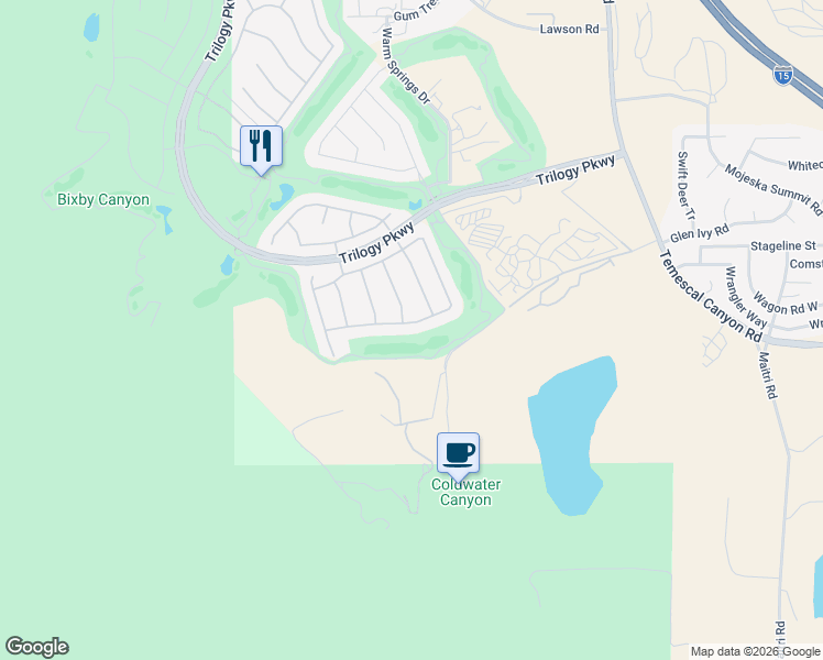 map of restaurants, bars, coffee shops, grocery stores, and more near 9431 Hughes Drive in Corona