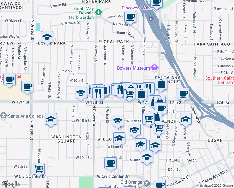 map of restaurants, bars, coffee shops, grocery stores, and more near 511 West 17th Street in Santa Ana