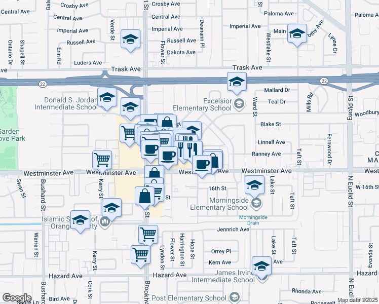 map of restaurants, bars, coffee shops, grocery stores, and more near 13911 Dawson Street in Garden Grove
