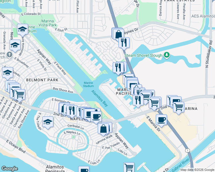 map of restaurants, bars, coffee shops, grocery stores, and more near 5129 Marina Pacifica Drive in Long Beach
