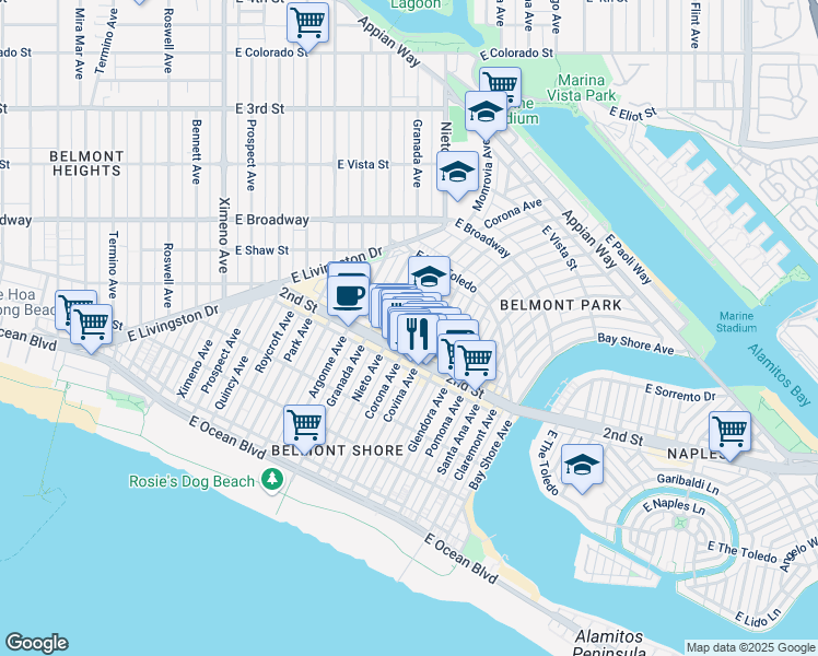 map of restaurants, bars, coffee shops, grocery stores, and more near 204 Corona Avenue in Long Beach