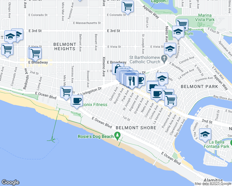 map of restaurants, bars, coffee shops, grocery stores, and more near 149 Roycroft Avenue in Long Beach