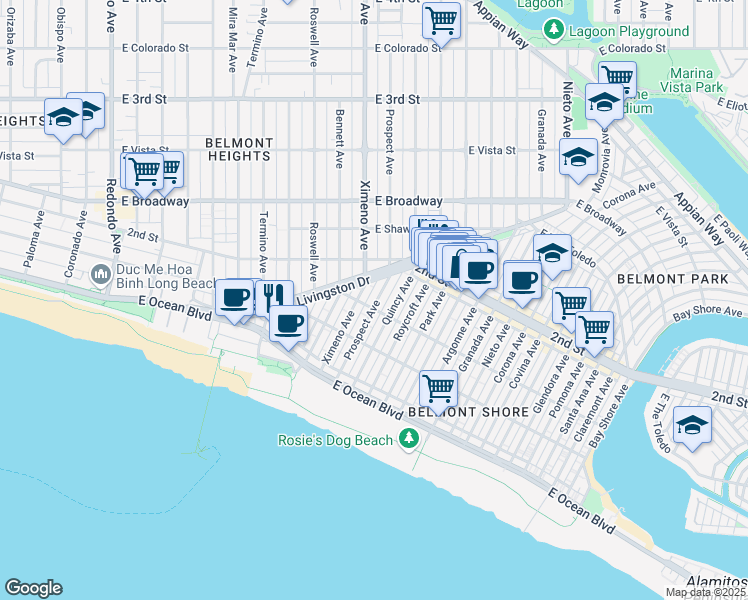 map of restaurants, bars, coffee shops, grocery stores, and more near in Long Beach