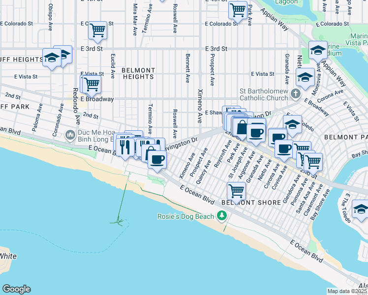 map of restaurants, bars, coffee shops, grocery stores, and more near 113A Bennett Avenue in Long Beach