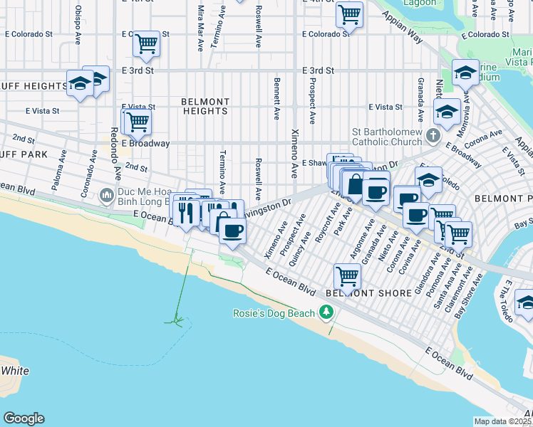 map of restaurants, bars, coffee shops, grocery stores, and more near 113A Bennett Avenue in Long Beach