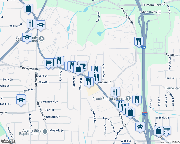 map of restaurants, bars, coffee shops, grocery stores, and more near 1150 Canal Street in Decatur