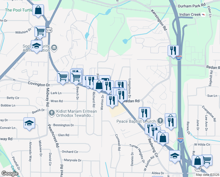 map of restaurants, bars, coffee shops, grocery stores, and more near in DeKalb County
