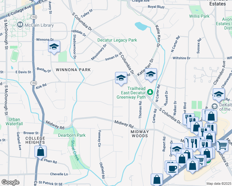 map of restaurants, bars, coffee shops, grocery stores, and more near 1164 Oldfield Road in Decatur