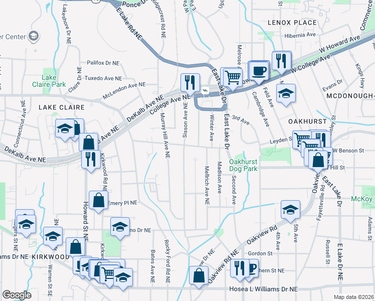 map of restaurants, bars, coffee shops, grocery stores, and more near 275 Sisson Avenue Northeast in Atlanta