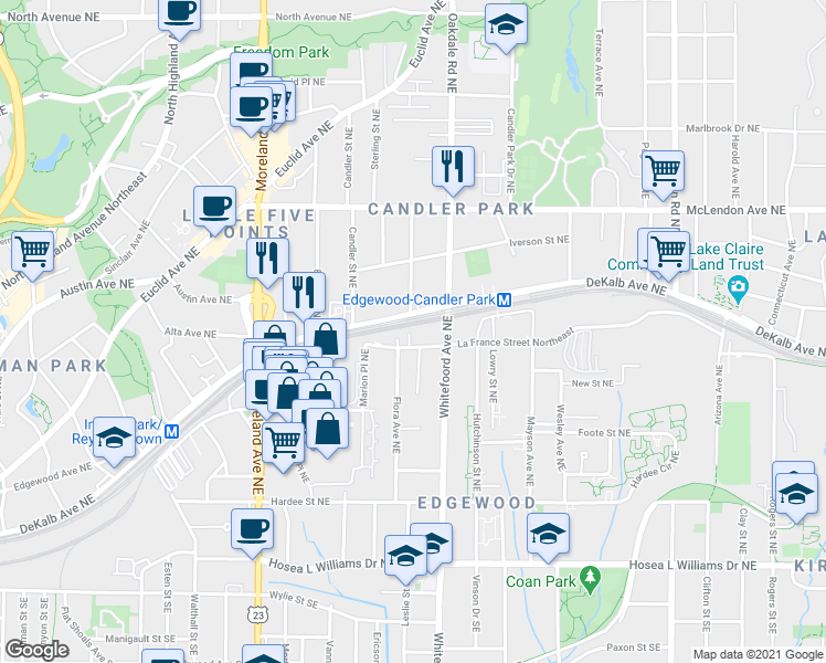 map of restaurants, bars, coffee shops, grocery stores, and more near 1350a La France Street Northeast in Atlanta