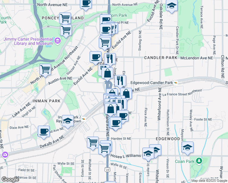 map of restaurants, bars, coffee shops, grocery stores, and more near 1210 DeKalb Avenue Northeast in Atlanta