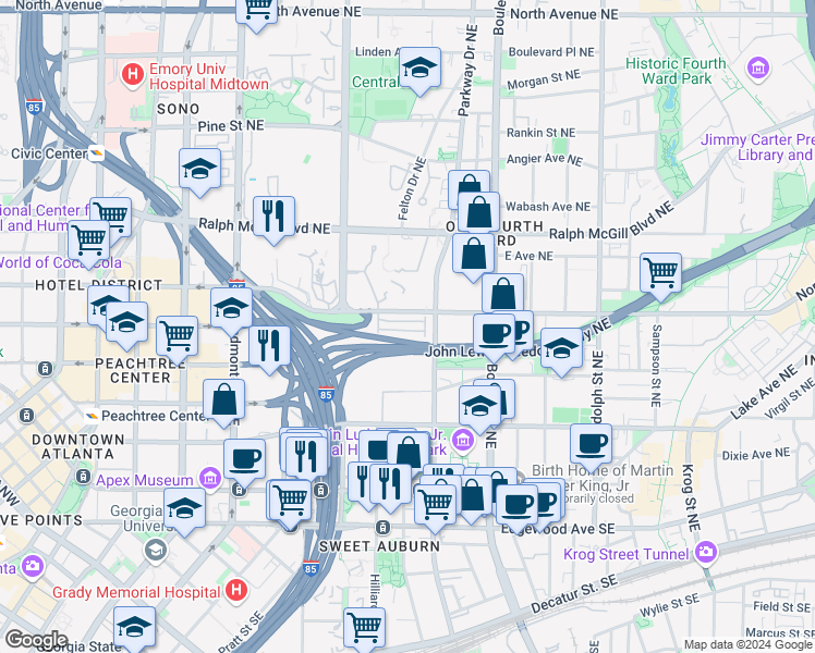 map of restaurants, bars, coffee shops, grocery stores, and more near 375 Highland Avenue Northeast in Atlanta
