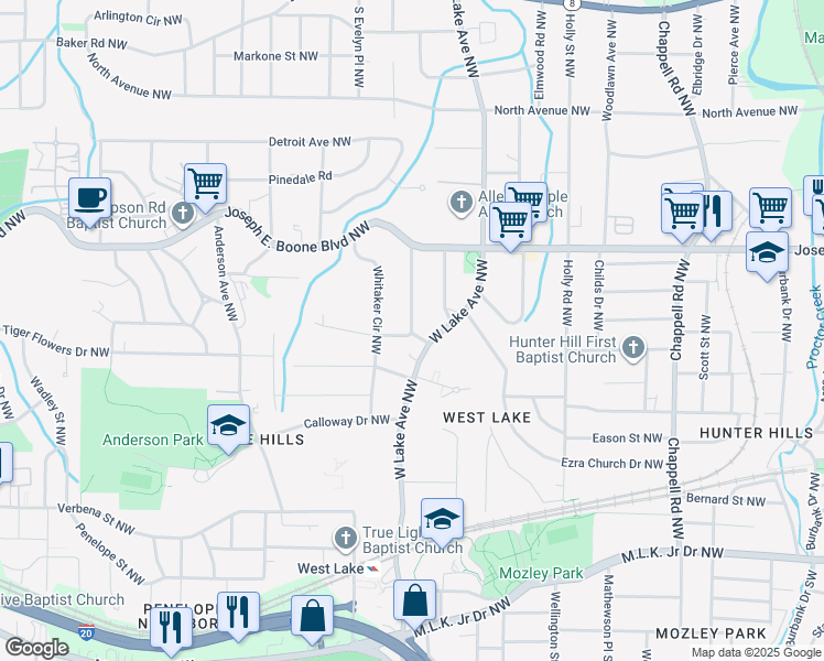 map of restaurants, bars, coffee shops, grocery stores, and more near 1738 Springview Road Northwest in Atlanta