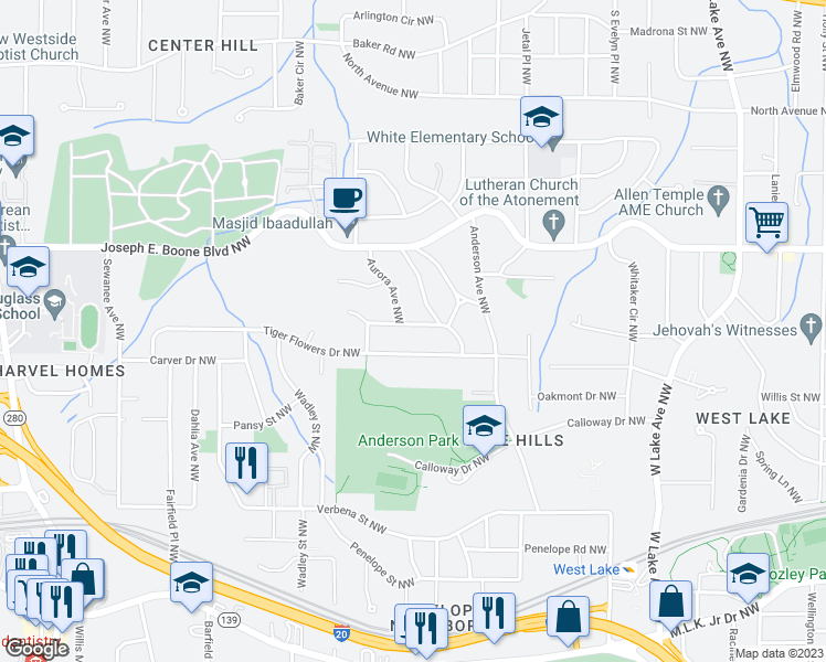 map of restaurants, bars, coffee shops, grocery stores, and more near 2007 Tiger Flowers Drive Northwest in Atlanta