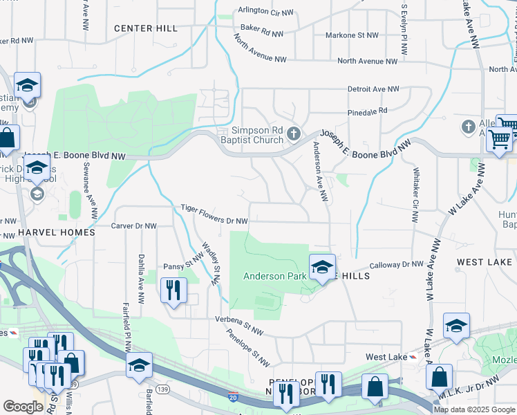 map of restaurants, bars, coffee shops, grocery stores, and more near 2053 Tiger Flowers Drive Northwest in Atlanta