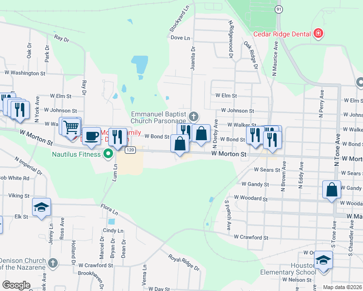 map of restaurants, bars, coffee shops, grocery stores, and more near 1905 West Morton Street in Denison