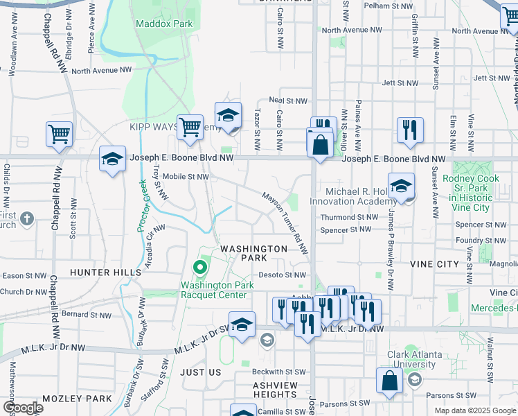 map of restaurants, bars, coffee shops, grocery stores, and more near 211 Ollie Street Northwest in Atlanta