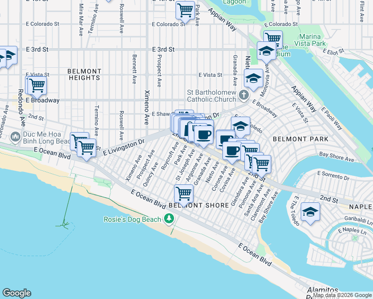 map of restaurants, bars, coffee shops, grocery stores, and more near 180 Park Avenue in Long Beach