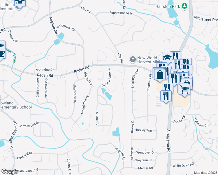 map of restaurants, bars, coffee shops, grocery stores, and more near 4496 Thornwood Crescent in Stone Mountain