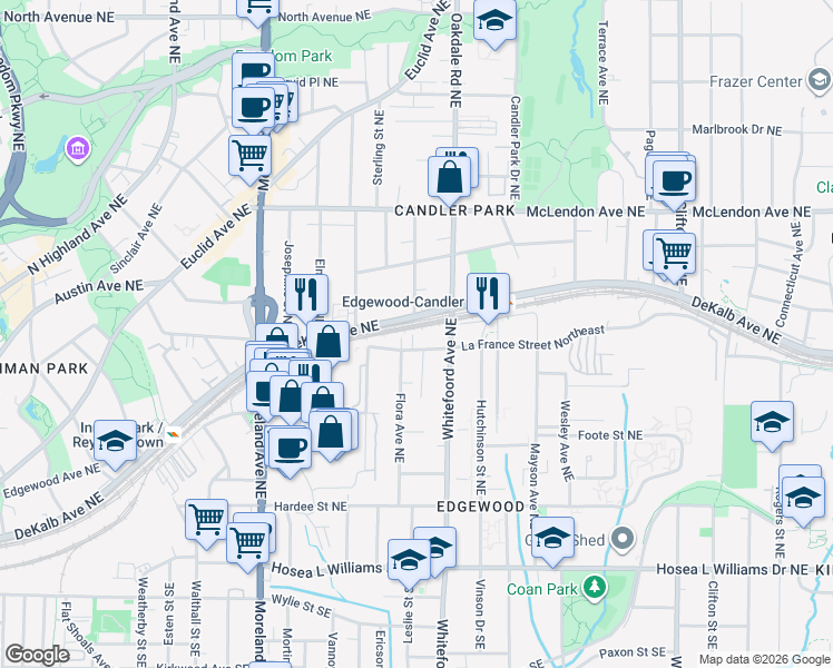 map of restaurants, bars, coffee shops, grocery stores, and more near 1360 La France Street Northeast in Atlanta