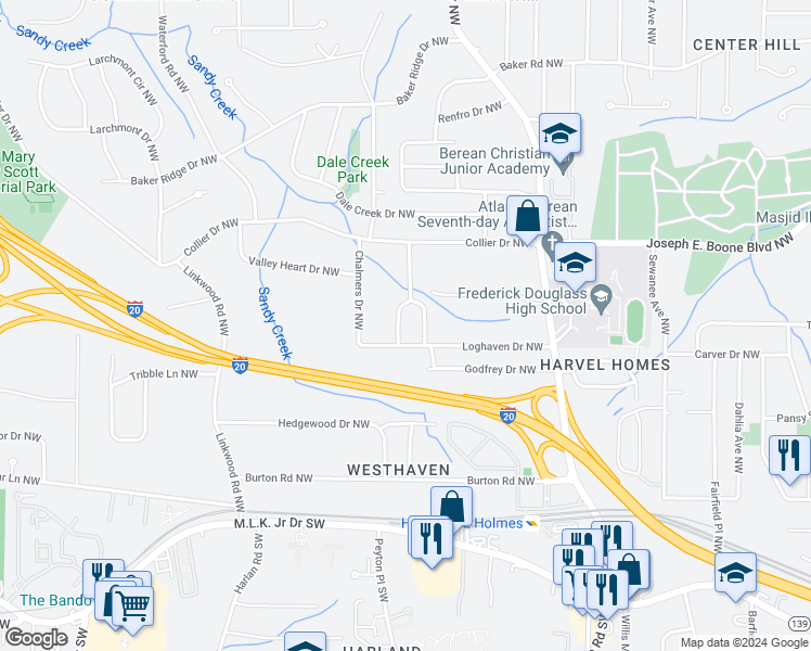 map of restaurants, bars, coffee shops, grocery stores, and more near 217 Simon Terrace Northwest in Atlanta