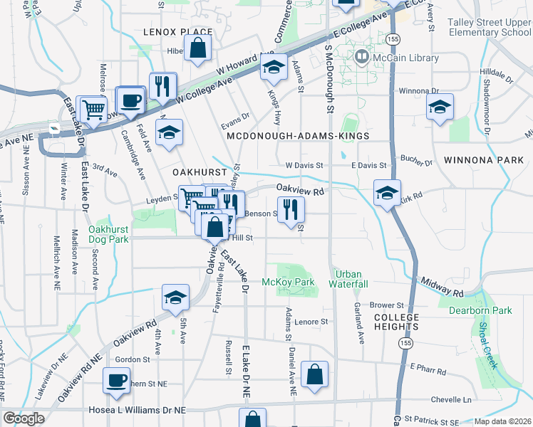 map of restaurants, bars, coffee shops, grocery stores, and more near 200 Mckoy Street in Decatur