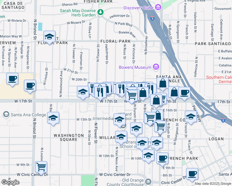 map of restaurants, bars, coffee shops, grocery stores, and more near 1801 Greenleaf Street in Santa Ana