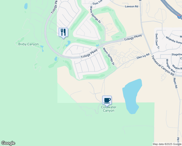 map of restaurants, bars, coffee shops, grocery stores, and more near 9361 Hughes Drive in Corona