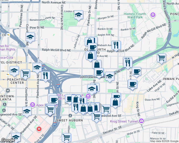 map of restaurants, bars, coffee shops, grocery stores, and more near 6636 Georgia 10 in Atlanta