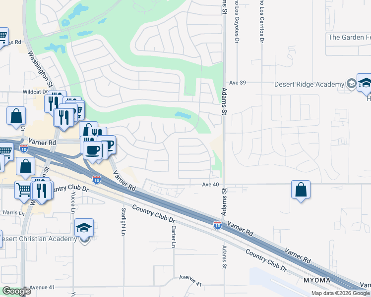 map of restaurants, bars, coffee shops, grocery stores, and more near 78783 Fortuna Place in Palm Desert