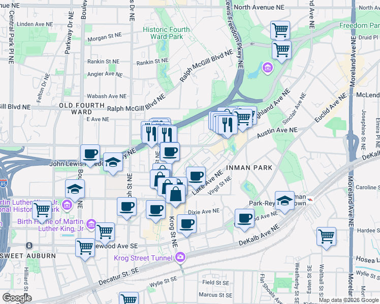 map of restaurants, bars, coffee shops, grocery stores, and more near 701 Highland Avenue Northeast in Atlanta
