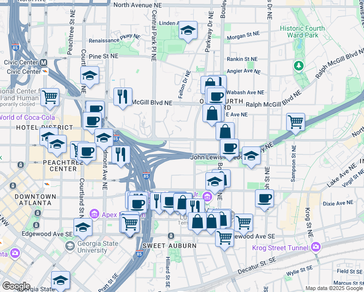 map of restaurants, bars, coffee shops, grocery stores, and more near 375 Highland Avenue Northeast in Atlanta