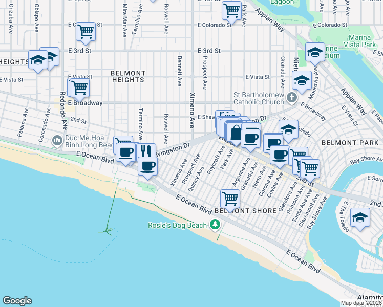 map of restaurants, bars, coffee shops, grocery stores, and more near in Long Beach