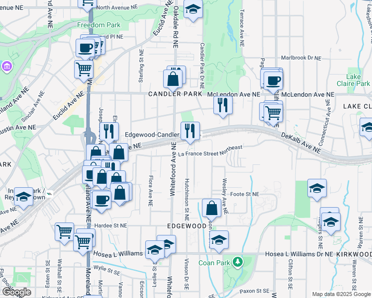 map of restaurants, bars, coffee shops, grocery stores, and more near 1450 La France Street Northeast in Atlanta