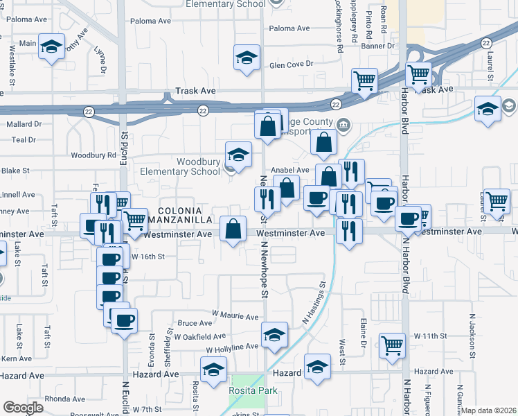 map of restaurants, bars, coffee shops, grocery stores, and more near 13911 Nadia Way in Garden Grove