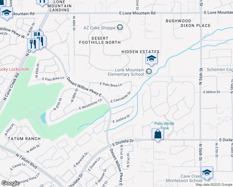 map of restaurants, bars, coffee shops, grocery stores, and more near 4950 East Cascalote Drive in Cave Creek