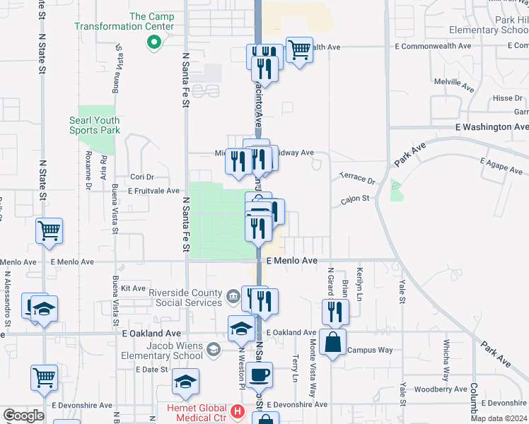 map of restaurants, bars, coffee shops, grocery stores, and more near 2469 South San Jacinto Avenue in San Jacinto