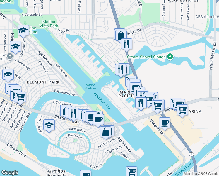 map of restaurants, bars, coffee shops, grocery stores, and more near 5129 Marina Pacifica Drive in Long Beach