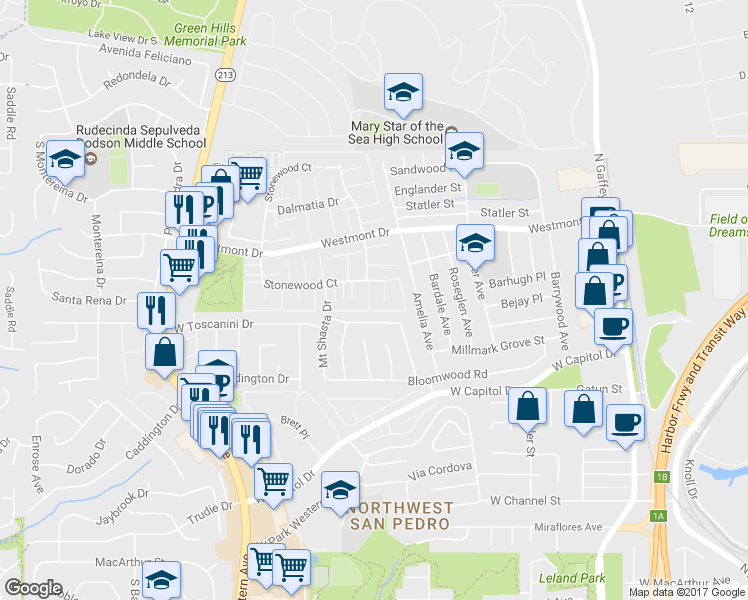 map of restaurants, bars, coffee shops, grocery stores, and more near 1256 Stonewood Court in Los Angeles