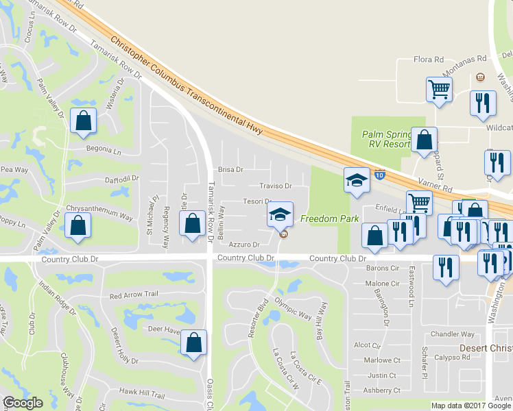 map of restaurants, bars, coffee shops, grocery stores, and more near 112 Batista Court in Palm Desert