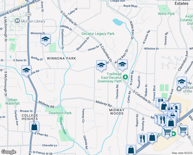 map of restaurants, bars, coffee shops, grocery stores, and more near 1164 Oldfield Road in Decatur