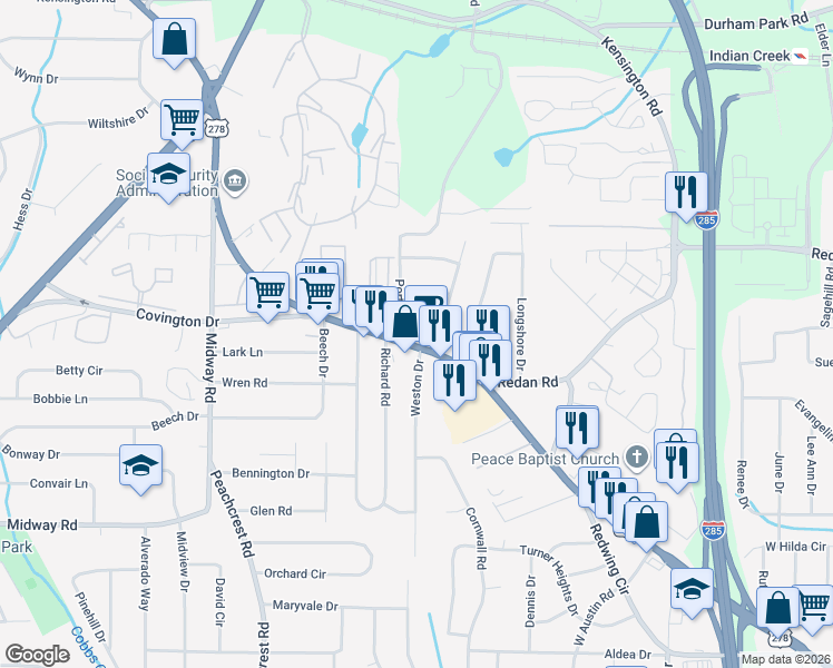 map of restaurants, bars, coffee shops, grocery stores, and more near in DeKalb County