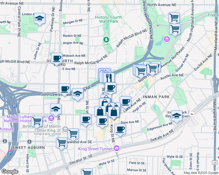 map of restaurants, bars, coffee shops, grocery stores, and more near 701 North Highland Avenue Northeast in Atlanta